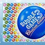 Színes karácsonyi témájú buborékok vesznek körül egy nagy kék buborékot, amelyen a „Bubble Game 3 Christmas Edition” felirat látható