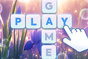 Fehér betűkkel írt PLAY és GAME szavak keresztrejtvényszerű elrendezésben, háttérben virágos rét, mellette egy rajzolt kéz, amely a Y betűre mutat
