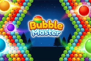 Színes buborékokkal teli kép sötét háttérrel, középen a Bubble Master felirattal