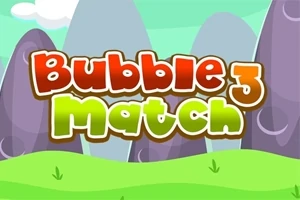 Rajzolt táj háttér előtt színes, stilizált betűkkel kiírt „Bubble Match 3” felirat