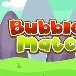 Rajzolt táj háttér előtt színes, stilizált betűkkel kiírt „Bubble Match 3” felirat