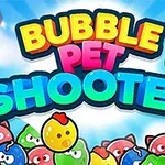 Színes buborékok és aranyos, állatformájú karakterek egy kék háttér előtt, a Bubble Pet Shooter színes felirattal