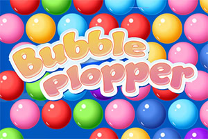 Színes gömbök kék háttéren, középen Bubble Plopper felirattal