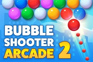Színes buborékok gyűjteménye kék háttérrel és Bubble Shooter Arcade 2 felirattal