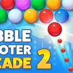 Színes buborékok gyűjteménye kék háttérrel és Bubble Shooter Arcade 2 felirattal