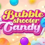 Színes cukorkák és buborékok élénk, édesség témájú háttér előtt, középen a Bubble Shooter Candy 2 felirat látható