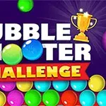 Színes buborékok és egy trófea ikon egy lila háttér előtt, a Bubble Shooter Challenge felirattal