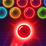 Bubble Shooter Neon Színes, fénylő gömbök sora sötét háttér előtt, középen egy vörösen izzó gömbbel