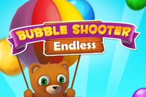 Rajzfilm stílusú medve színes léggömböket tart, háttérben különböző színű buborékokkal és egy Bubble Shooter Endless felirat