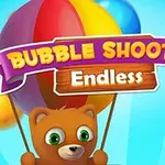Rajzfilm stílusú medve színes léggömböket tart, háttérben különböző színű buborékokkal és egy Bubble Shooter Endless felirat