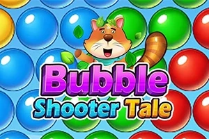 Színes gömbök és egy mosolygó, levelekkel díszített mókus figura a Bubble Shooter Tale felirattal