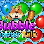Színes gömbök és egy mosolygó, levelekkel díszített mókus figura a Bubble Shooter Tale felirattal