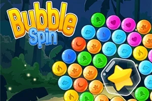 Színes, különböző mintázatú buborékokkal teli forgó alakzat, sárga csillaggal a közepén, erdős háttérrel és Bubble Spin felirattal