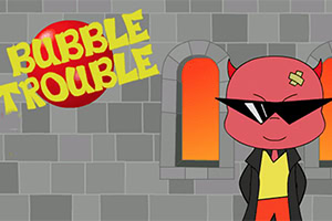 Egy rajzolt vörös ördög figura napszemüvegben és fekete kabátban egy szürke téglafal előtt, mellette egy narancssárga ablak és a Bubble Trouble felirat