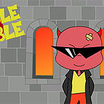 Egy rajzolt vörös ördög figura napszemüvegben és fekete kabátban egy szürke téglafal előtt, mellette egy narancssárga ablak és a Bubble Trouble felirat