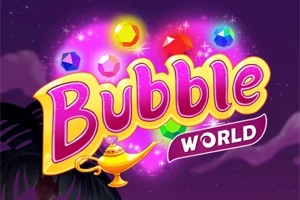 Színes drágakövek és egy arany lámpás körülveszik a Bubble World feliratot lila háttérrel