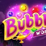 Színes drágakövek és egy arany lámpás körülveszik a Bubble World feliratot lila háttérrel
