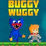 Kék rajzfilmfigura piros szájjal és szőke hajú karakter állnak egymás mellett zöld platformon, háttérben a BUGGY WUGGY felirat
