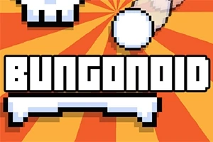 Pixeles stílusú grafikán fehér platform és labda, narancssárga sugárcsíkos háttérrel, fekete-fehér szöveggel