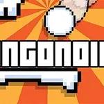 Pixeles stílusú grafikán fehér platform és labda, narancssárga sugárcsíkos háttérrel, fekete-fehér szöveggel