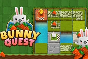 Két nyuszi, egy logikai pályán, amit fű, kövek, víz és sárgarépák alkotnak, miközben a Bunny Quest felirat látható