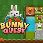 Két nyuszi, egy logikai pályán, amit fű, kövek, víz és sárgarépák alkotnak, miközben a Bunny Quest felirat látható