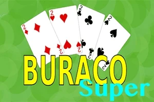 Négy kártyalap elrendezve zöld háttéren, alatta a Buraco Super szöveg
