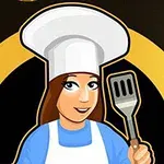 Nő szakácsruhában és kalapban, aki spatulával a kezében mosolyog, sötét háttér előtt