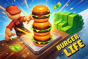 Izmos rajzolt figura egy tálcán tornyozott háromszintes hamburgert tol, mellette zöld bankjegykötegek és „BURGER LIFE felirat látható