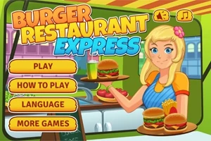 Egy szőke pincérnő hamburgereket és krumplit tart tálcán egy étteremben, mellette menüpontok, mint Play, How to Play, Language, és More Games