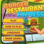 Egy szőke pincérnő hamburgereket és krumplit tart tálcán egy étteremben, mellette menüpontok, mint Play, How to Play, Language, és More Games