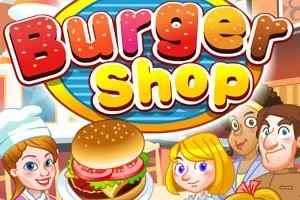 Rajzolt kép egy étterem személyzetével, hamburgerrel egy tányéron, és a Burger Shop felirattal
