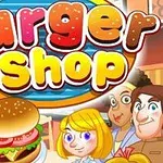 Rajzolt kép egy étterem személyzetével, hamburgerrel egy tányéron, és a Burger Shop felirattal