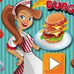 Pincérnő mosolyogva tart egy hamburgert egy tányéron, körülötte ételgrafikák és egy lejátszás gomb