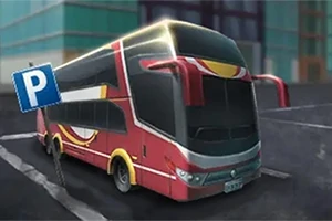 Egy piros emeletes busz parkol egy városi utcában, mellette kék P parkoló tábla