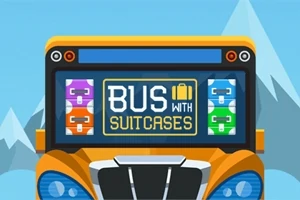 Narancssárga busz elölről, egy digitális kijelzővel, amelyen bőröndök és a Bus with Suitcases felirat látható, háttérben hegyekkel