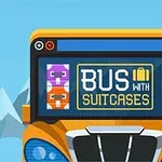 Narancssárga busz elölről, egy digitális kijelzővel, amelyen bőröndök és a Bus with Suitcases felirat látható, háttérben hegyekkel