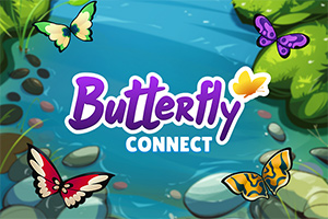 Színes pillangók egy patak fölött, körülöttük zöld növények és kövek, középen a Butterfly Connect felirat