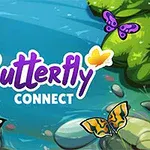Színes pillangók egy patak fölött, körülöttük zöld növények és kövek, középen a Butterfly Connect felirat