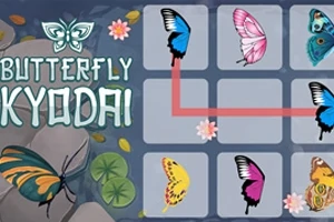 Színes pillangók négyzetrácsos elrendezésben, ahol néhány pillangó között piros vonal húzódik, a háttérben tavirózsák és a Butterfly Kyodai felirat látható