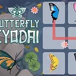 Színes pillangók négyzetrácsos elrendezésben, ahol néhány pillangó között piros vonal húzódik, a háttérben tavirózsák és a Butterfly Kyodai felirat látható