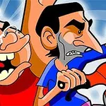 Két karikatúraszerű figura intenzív arckifejezéssel, egyikük szőke hajjal és szemüveggel, a másik sötét hajú és borostás, vastag fekete szemöldökkel
