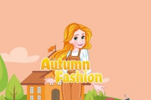 Fiatal lány őszi ruhában, narancssárga kezeslábasban, egy ház előtt, Autumn Fashion felirattal a háttérben
