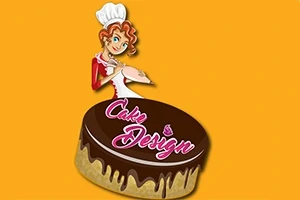 Egy női cukrász illusztrációja, aki egy csokoládétortát díszít, élénk narancssárga háttérrel