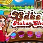Egy piros ruhás nő mosolyogva köszönti a nézőt egy színes tortákkal és süteményekkel teli boltban, ahol a Cake Maker Shop felirat látható