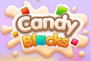 Színes négyzetekkel körülvett Candy Blocks felirat lilás háttéren