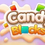 Színes négyzetekkel körülvett Candy Blocks felirat lilás háttéren