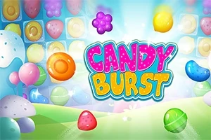 Élénk, színes cukorkák és édességek lebegnek egy világos háttér előtt, középen a Candy Burst felirat látható