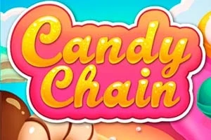 Színes, cukorkákkal teli háttér előtt a Candy Chain felirat élénk sárga és rózsaszín színekben, fehér körvonallal