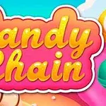 Színes, cukorkákkal teli háttér előtt a Candy Chain felirat élénk sárga és rózsaszín színekben, fehér körvonallal